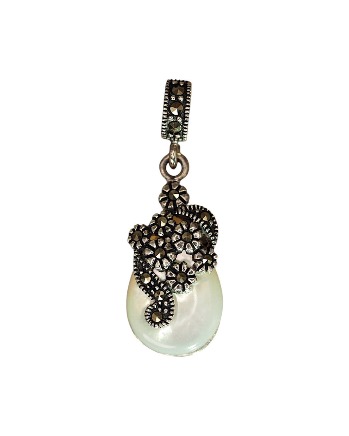 Sterling Silver Mother of Pearl Marcasite Charm, Floral Teardrop Pendant Charm - GlamGram NYC
