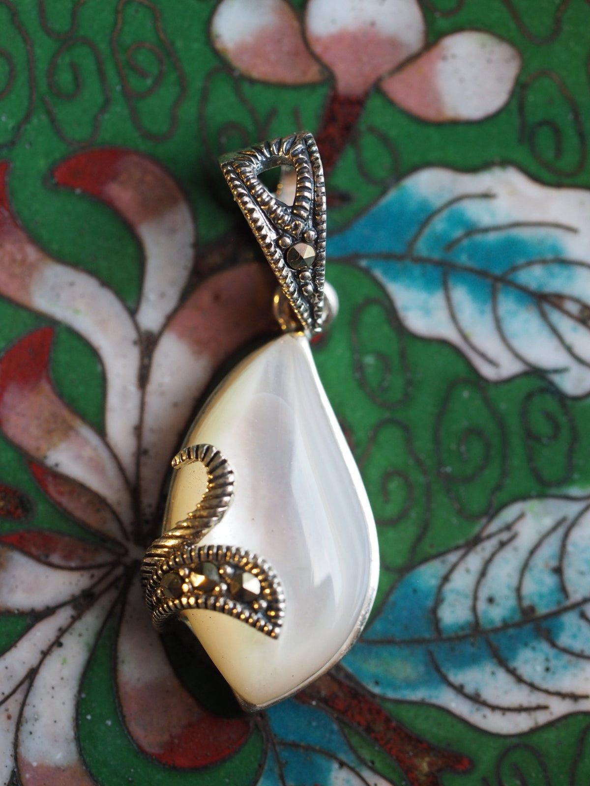 Sterling Silver Mother of Pearl Pendant with Marcasite Accents Pendant - GlamGram NYC