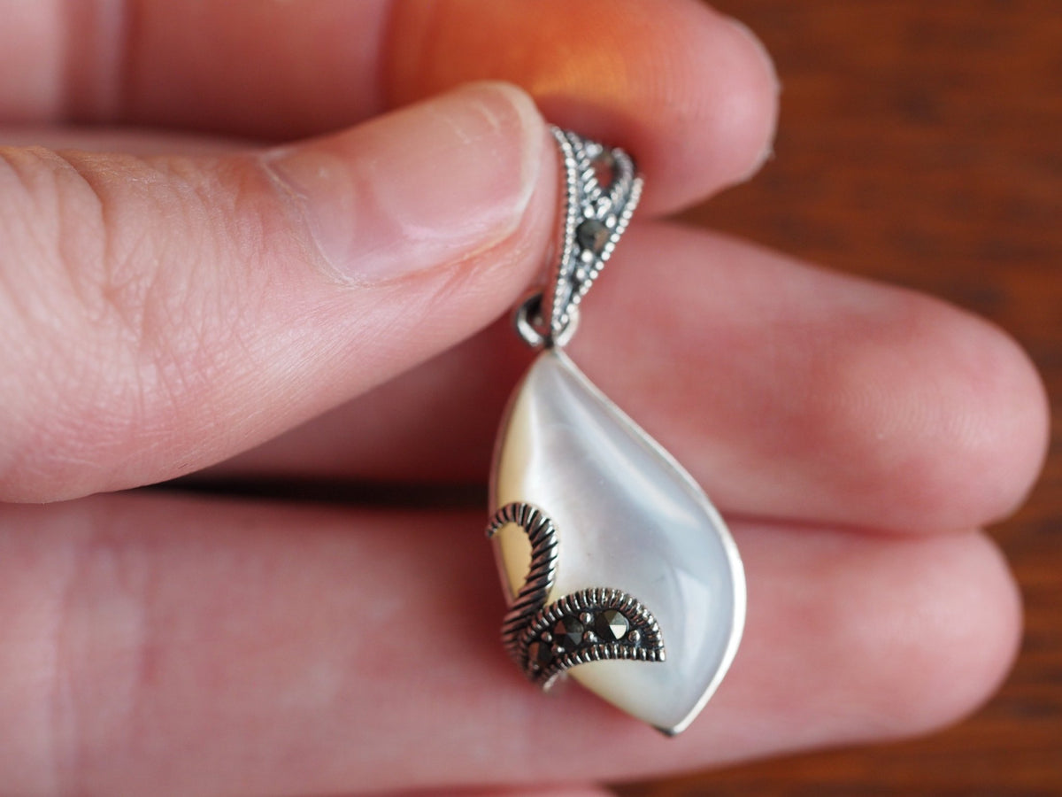 Sterling Silver Mother of Pearl Pendant with Marcasite Accents Pendant - GlamGram NYC
