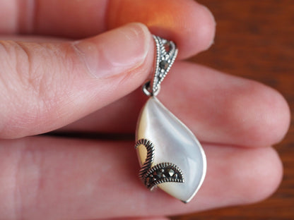 Sterling Silver Mother of Pearl Pendant with Marcasite Accents Pendant - GlamGram NYC
