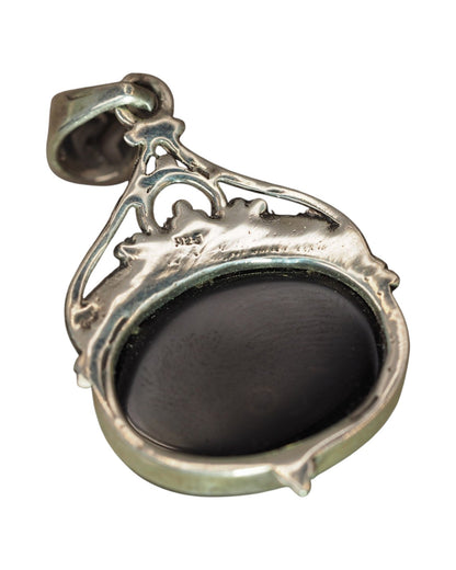 Sterling Silver Onyx Pendant, Black Oval Stone with Filigree Frame Pendant - GlamGram NYC