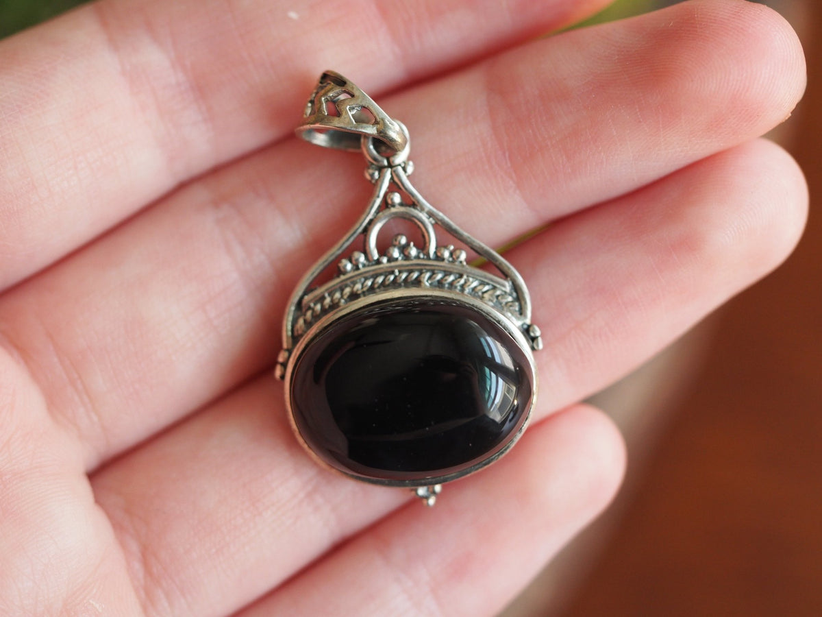 Sterling Silver Onyx Pendant, Black Oval Stone with Filigree Frame Pendant - GlamGram NYC