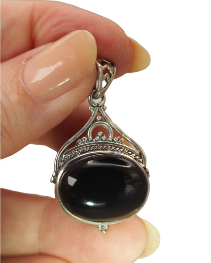 Sterling Silver Onyx Pendant, Black Oval Stone with Filigree Frame Pendant - GlamGram NYC