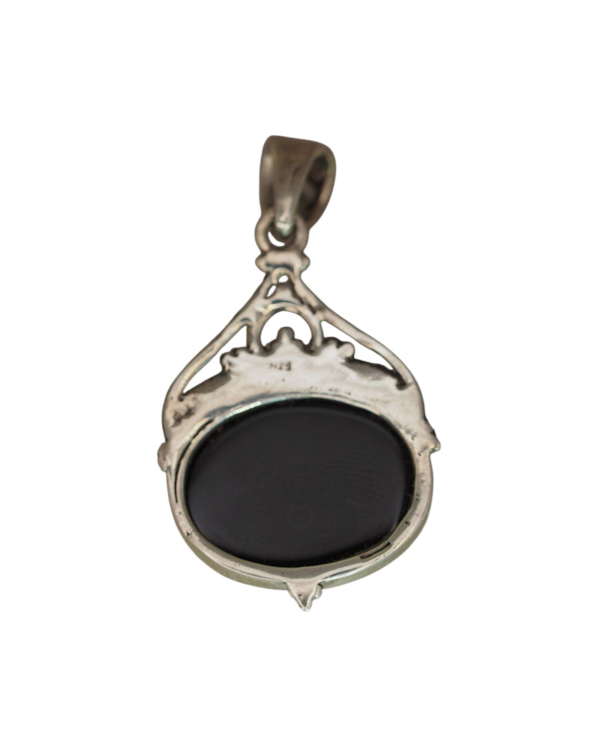 Sterling Silver Onyx Pendant, Black Oval Stone with Filigree Frame Pendant - GlamGram NYC