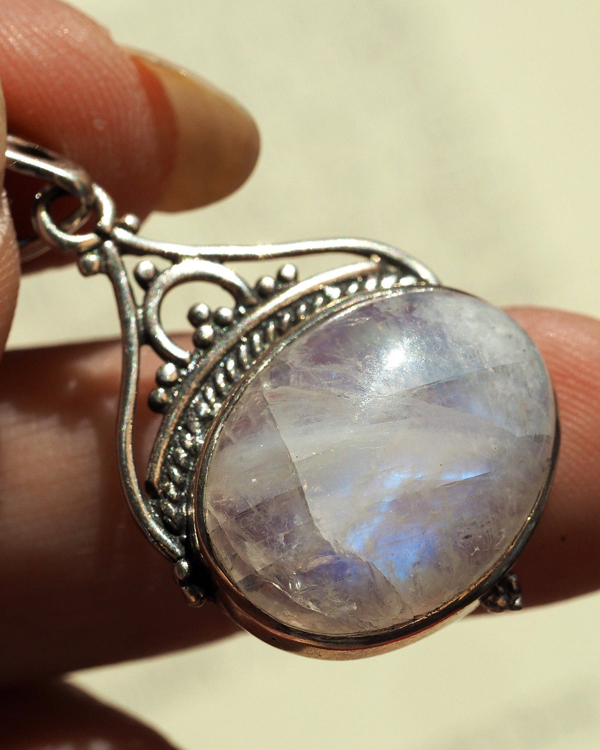 Sterling Silver Rainbow Moonstone Pendant with Filigree Bail Pendant - GlamGram NYC