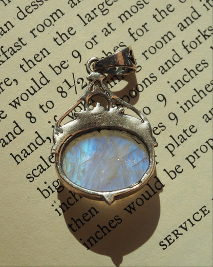 Sterling Silver Rainbow Moonstone Pendant with Filigree Bail Pendant - GlamGram NYC