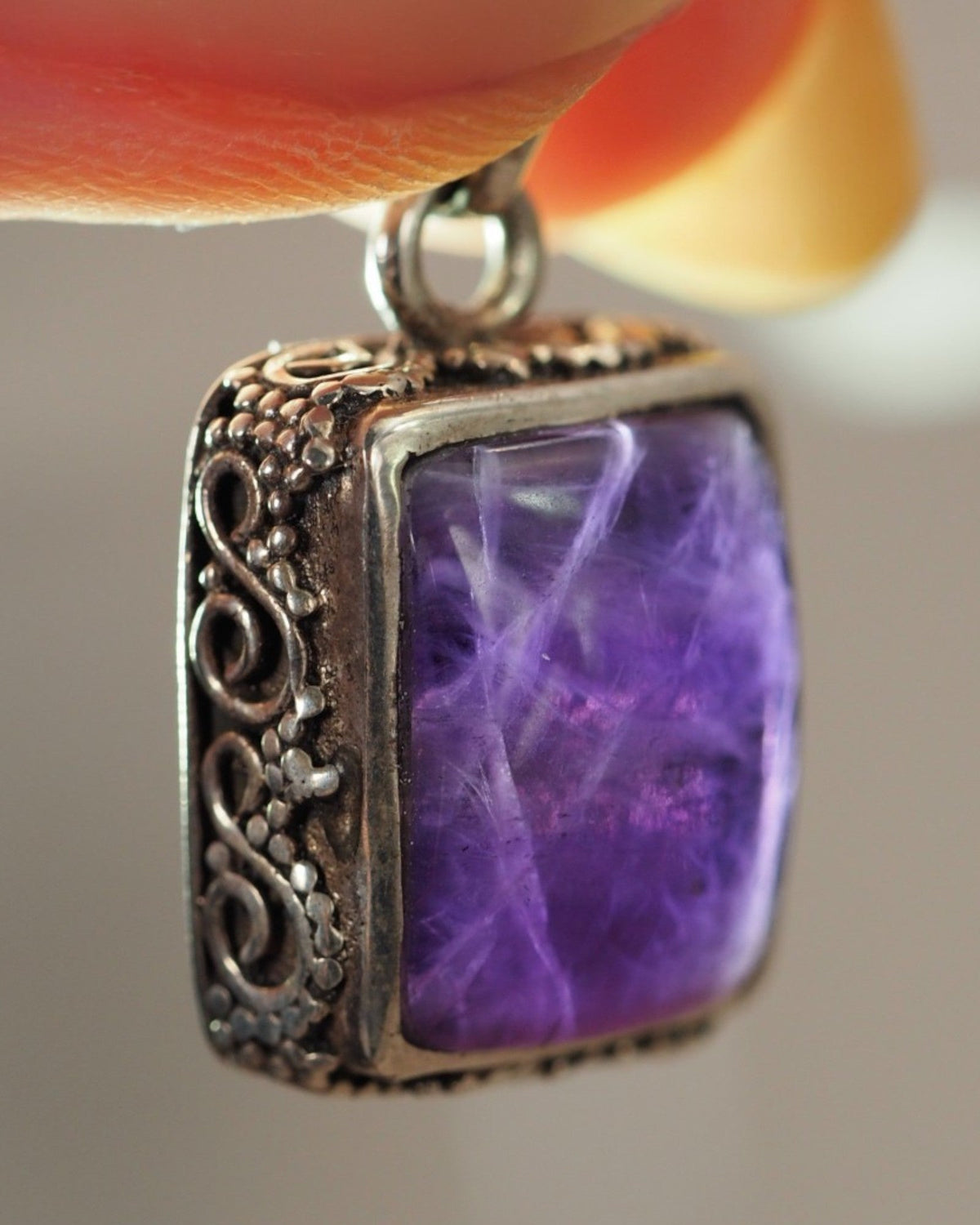 Sterling Silver Rectangular Amethyst Openwork Pendant Pendant - GlamGram NYC