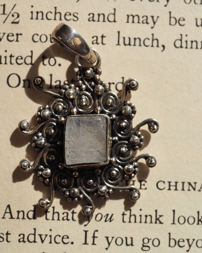 Sterling Silver Rough-Cut Rainbow Moonstone Pendant 925 Scrollwork Pendant - GlamGram NYC