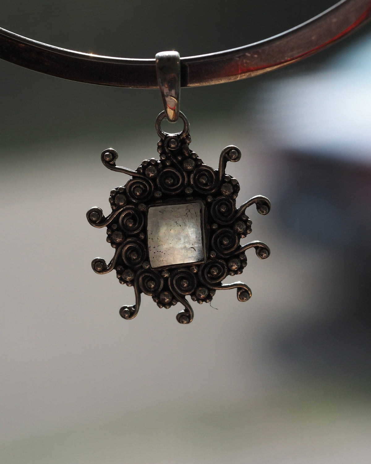 Sterling Silver Rough-Cut Rainbow Moonstone Pendant 925 Scrollwork Pendant - GlamGram NYC