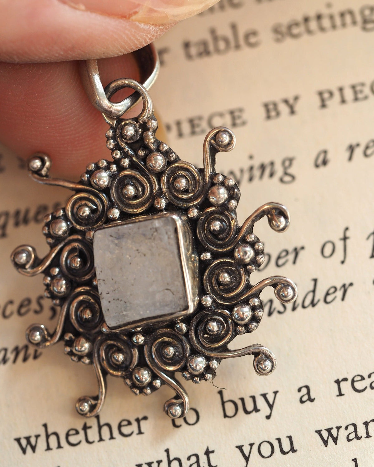Sterling Silver Rough-Cut Rainbow Moonstone Pendant 925 Scrollwork Pendant - GlamGram NYC