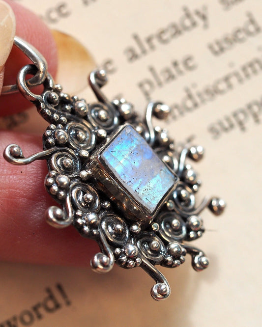 Sterling Silver Rough-Cut Rainbow Moonstone Pendant 925 Scrollwork Pendant - GlamGram NYC