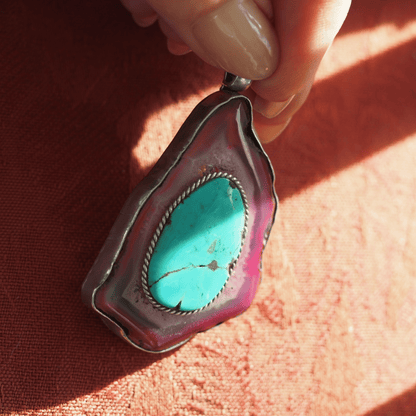 Sterling Silver Turquoise Dyed Agate Talisman Pendant 925 Artisan Boho Pendant - GlamGram NYC