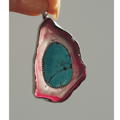 Sterling Silver Turquoise Dyed Agate Talisman Pendant 925 Artisan Boho Pendant - GlamGram NYC
