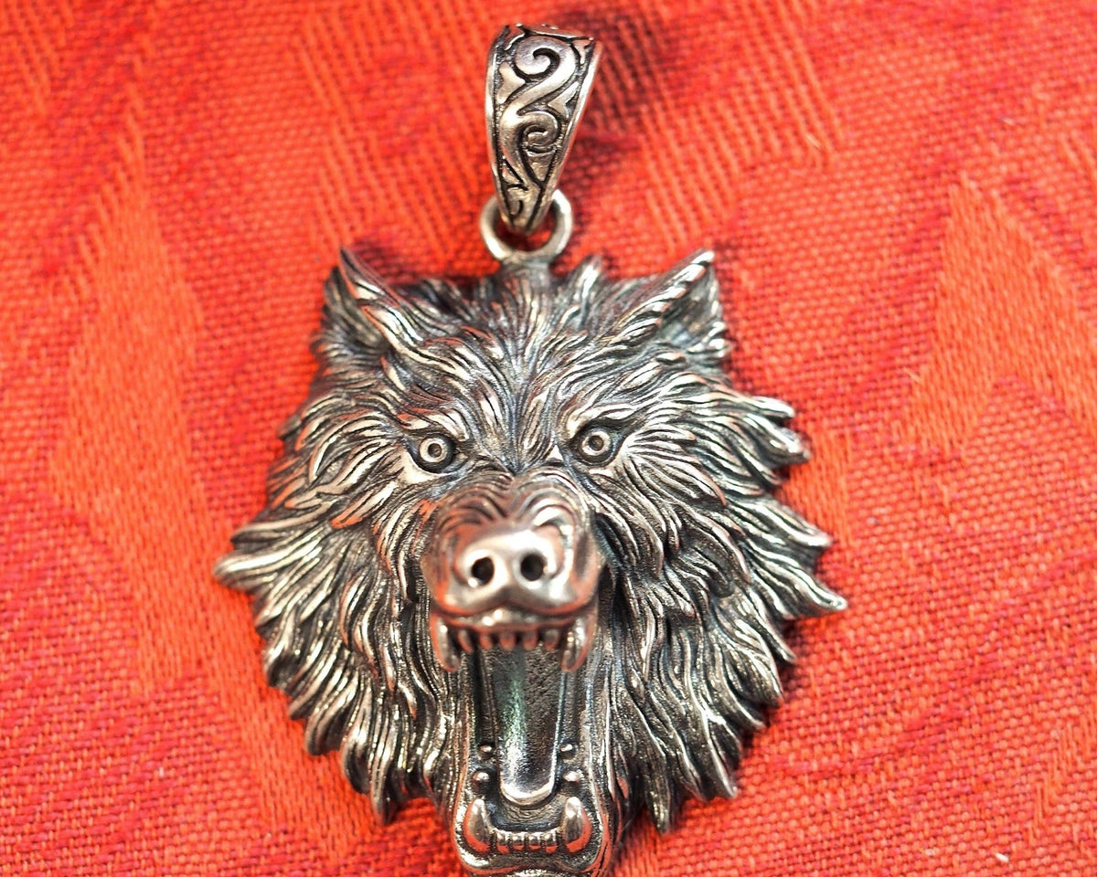 Sterling Silver Wolf Head Pendant High Relief 2.25 Inch Pendant - GlamGram NYC