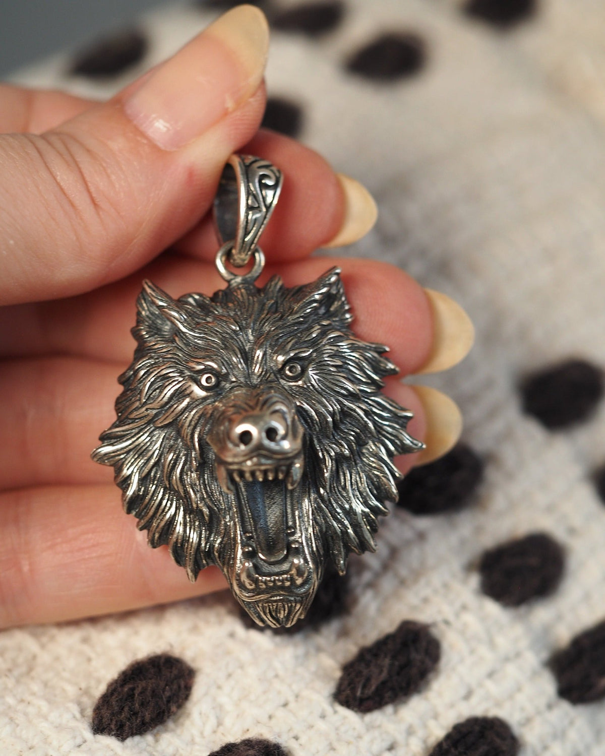 Sterling Silver Wolf Head Pendant High Relief 2.25 Inch Pendant - GlamGram NYC