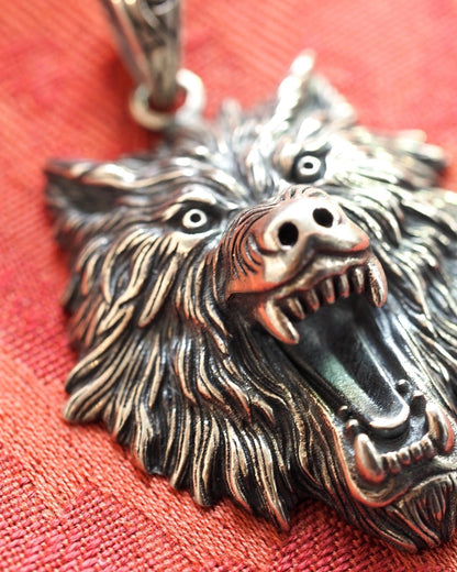 Sterling Silver Wolf Head Pendant High Relief 2.25 Inch Pendant - GlamGram NYC