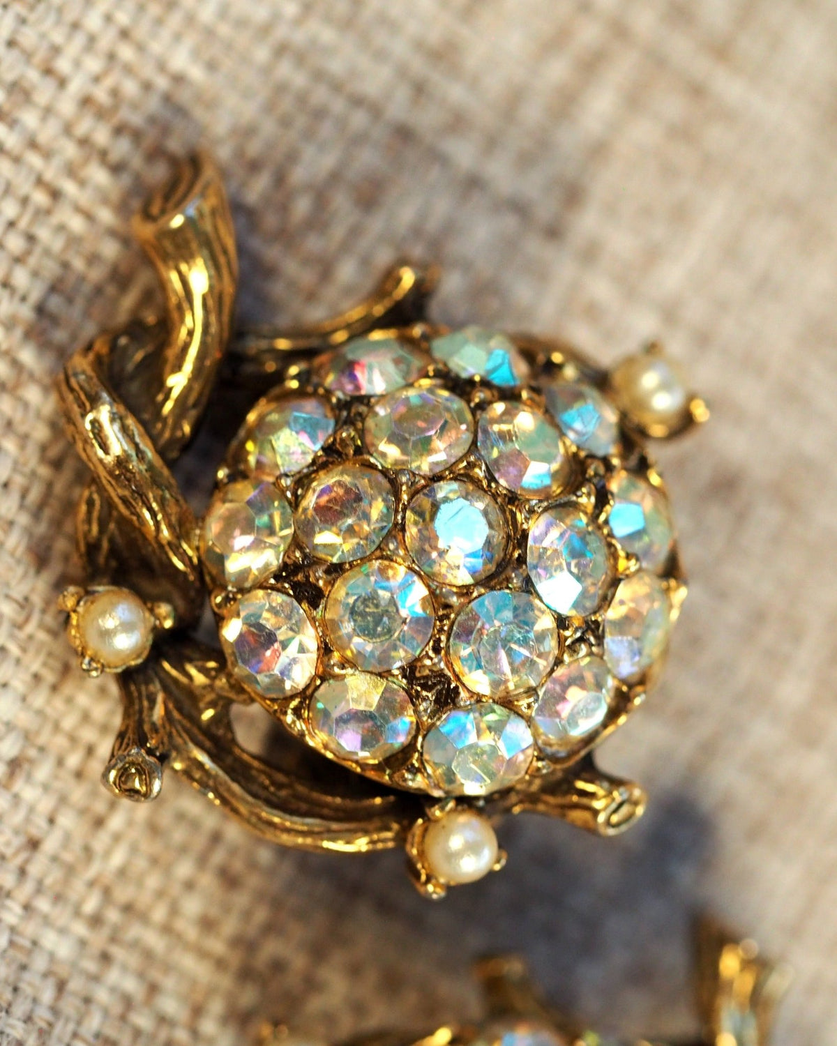Vintage 1950s AB Crystal Rosette Clip-On Earrings Gold-Tone Earrings (Clip) - GlamGram NYC