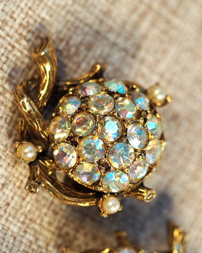 Vintage 1950s AB Crystal Rosette Clip-On Earrings Gold-Tone Earrings (Clip) - GlamGram NYC