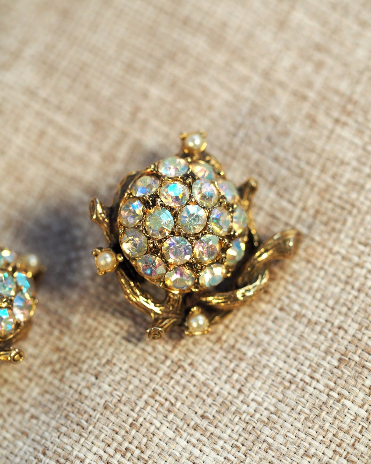 Vintage 1950s AB Crystal Rosette Clip-On Earrings Gold-Tone Earrings (Clip) - GlamGram NYC