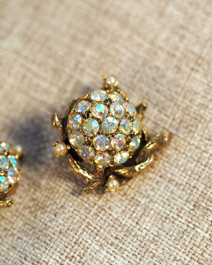 Vintage 1950s AB Crystal Rosette Clip-On Earrings Gold-Tone Earrings (Clip) - GlamGram NYC