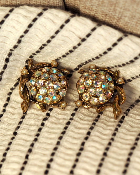 Vintage 1950s AB Crystal Rosette Clip-On Earrings Gold-Tone Earrings (Clip) - GlamGram NYC