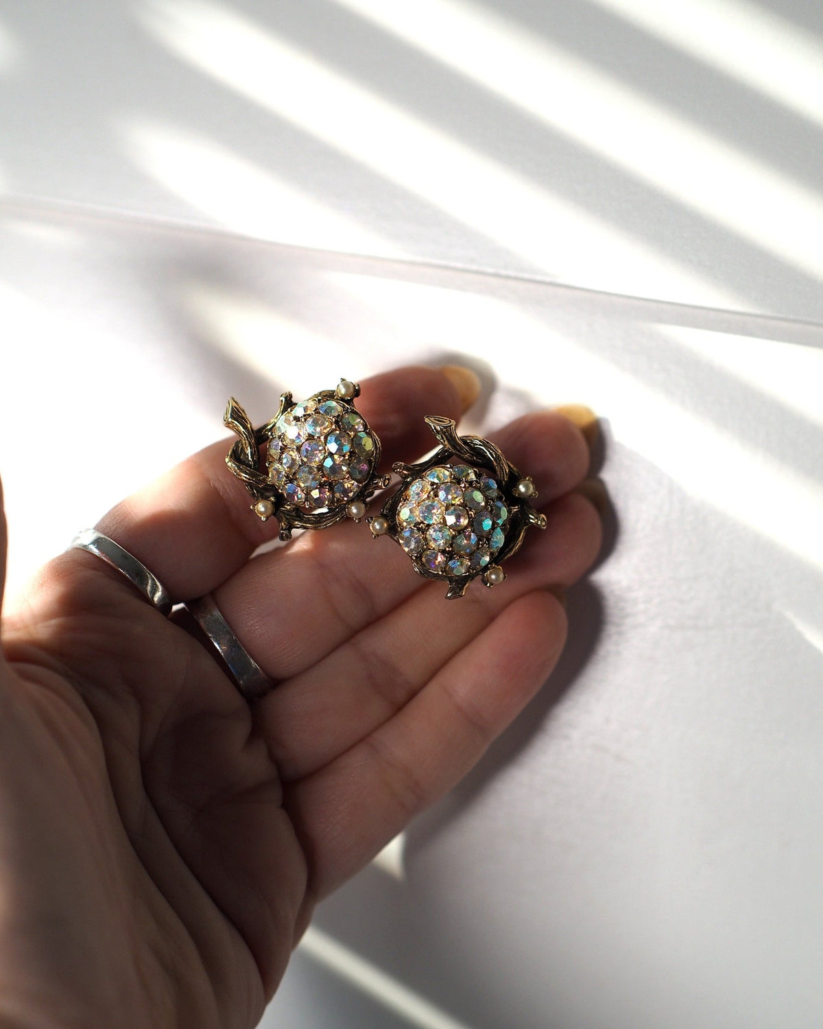 Vintage 1950s AB Crystal Rosette Clip-On Earrings Gold-Tone Earrings (Clip) - GlamGram NYC