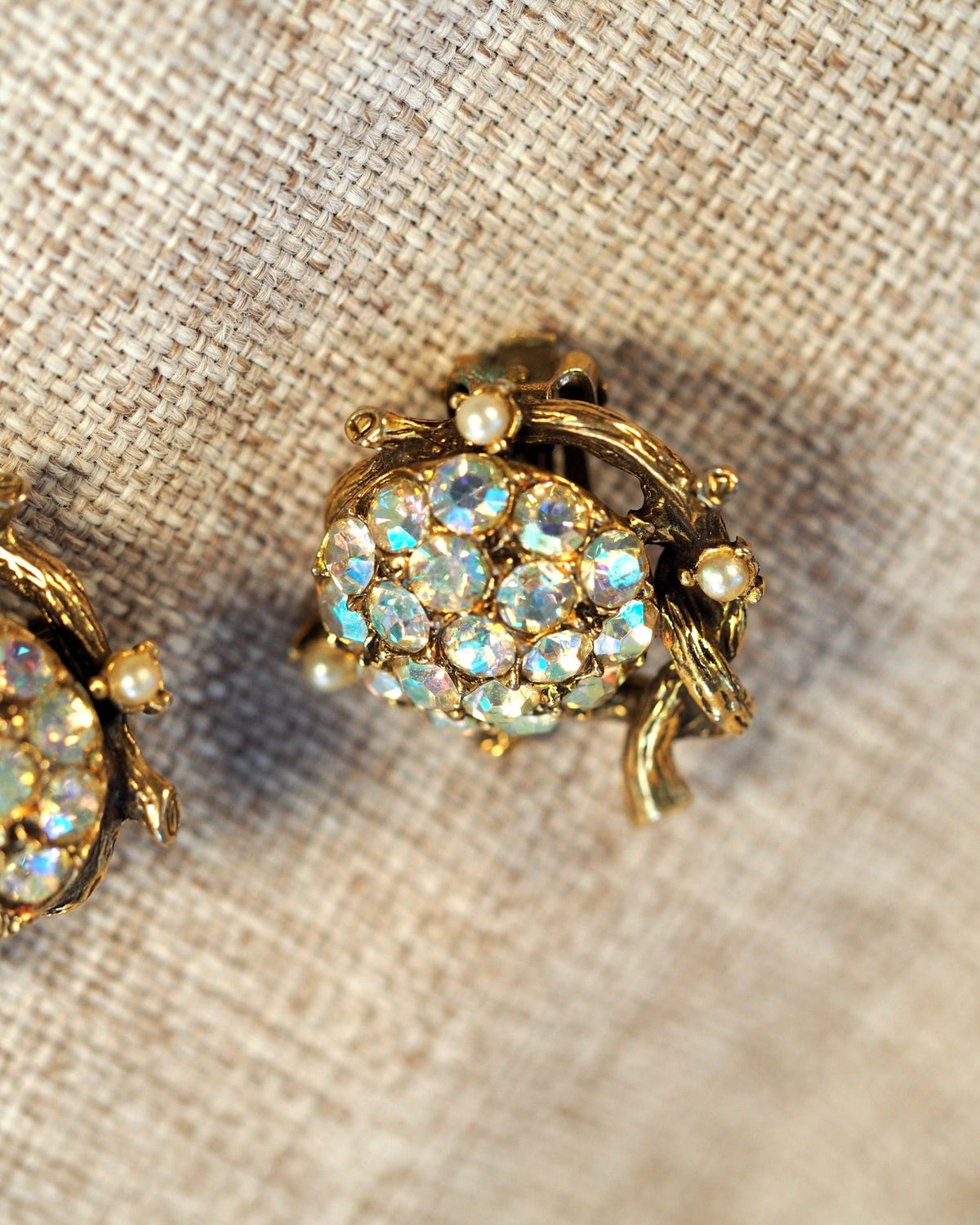 Vintage 1950s AB Crystal Rosette Clip-On Earrings Gold-Tone Earrings (Clip) - GlamGram NYC