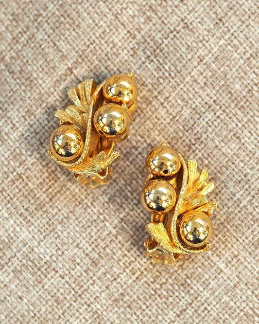 Vintage 1950s Gold-Tone Leaf Spray Clip-On Earrings with Orb Accents Earrings (Clip) - GlamGram NYC