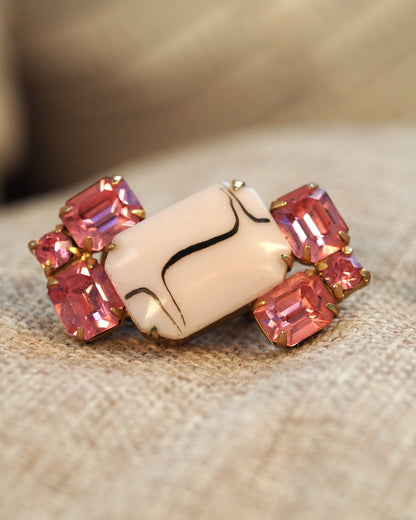 Vintage 1950s Pink Rhinestone & White Cabochon Clip-On Earrings Earrings (Clip) - GlamGram NYC