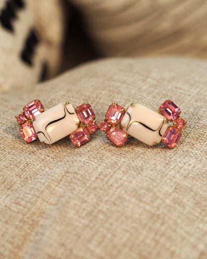 Vintage 1950s Pink Rhinestone & White Cabochon Clip-On Earrings Earrings (Clip) - GlamGram NYC