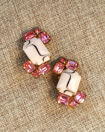 Vintage 1950s Pink Rhinestone & White Cabochon Clip-On Earrings Earrings (Clip) - GlamGram NYC
