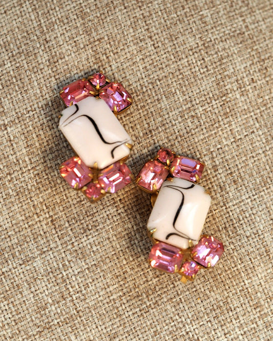Vintage 1950s Pink Rhinestone & White Cabochon Clip-On Earrings Earrings (Clip) - GlamGram NYC