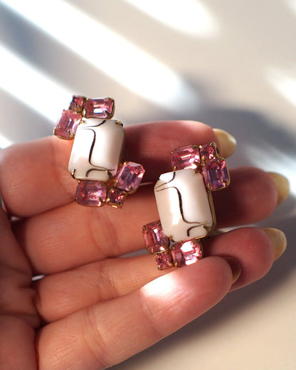 Vintage 1950s Pink Rhinestone & White Cabochon Clip-On Earrings Earrings (Clip) - GlamGram NYC