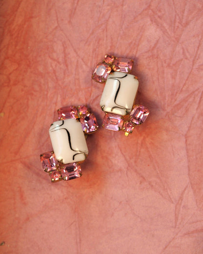 Vintage 1950s Pink Rhinestone & White Cabochon Clip-On Earrings Earrings (Clip) - GlamGram NYC