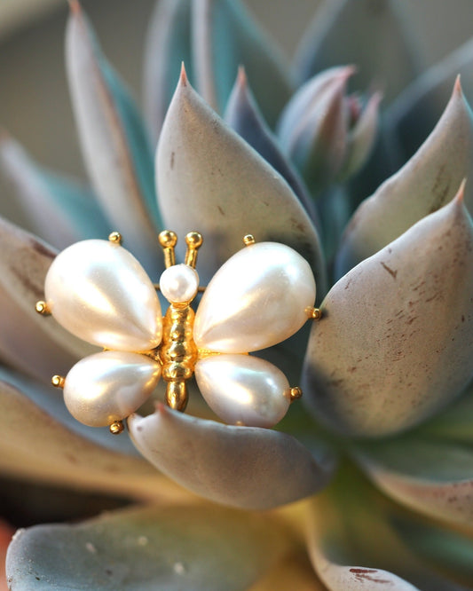 Vintage 1960s Faux Pearl Butterfly Brooch Gold-Tone Pin Brooch - GlamGram NYC
