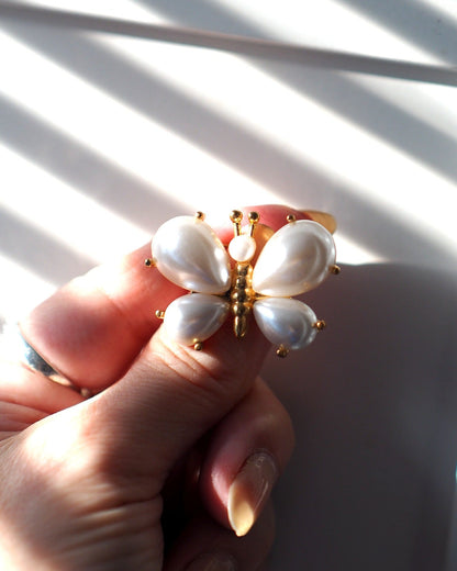 Vintage 1960s Faux Pearl Butterfly Brooch Gold-Tone Pin Brooch - GlamGram NYC