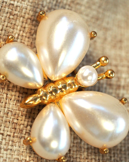 Vintage 1960s Faux Pearl Butterfly Brooch Gold-Tone Pin Brooch - GlamGram NYC