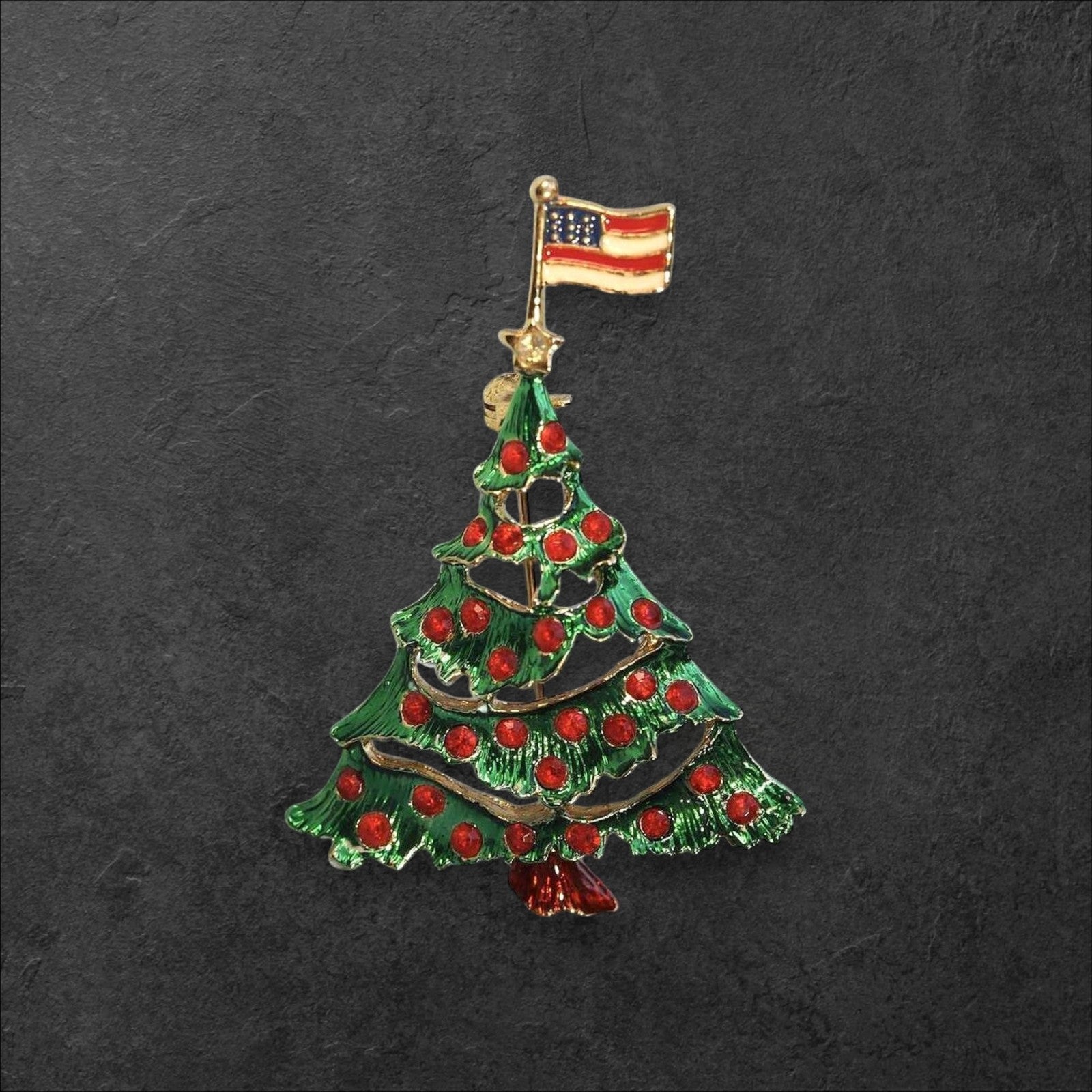Vintage 1980s–1990s Patriotic Christmas Tree Brooch with American Flag Brooch - GlamGram NYC