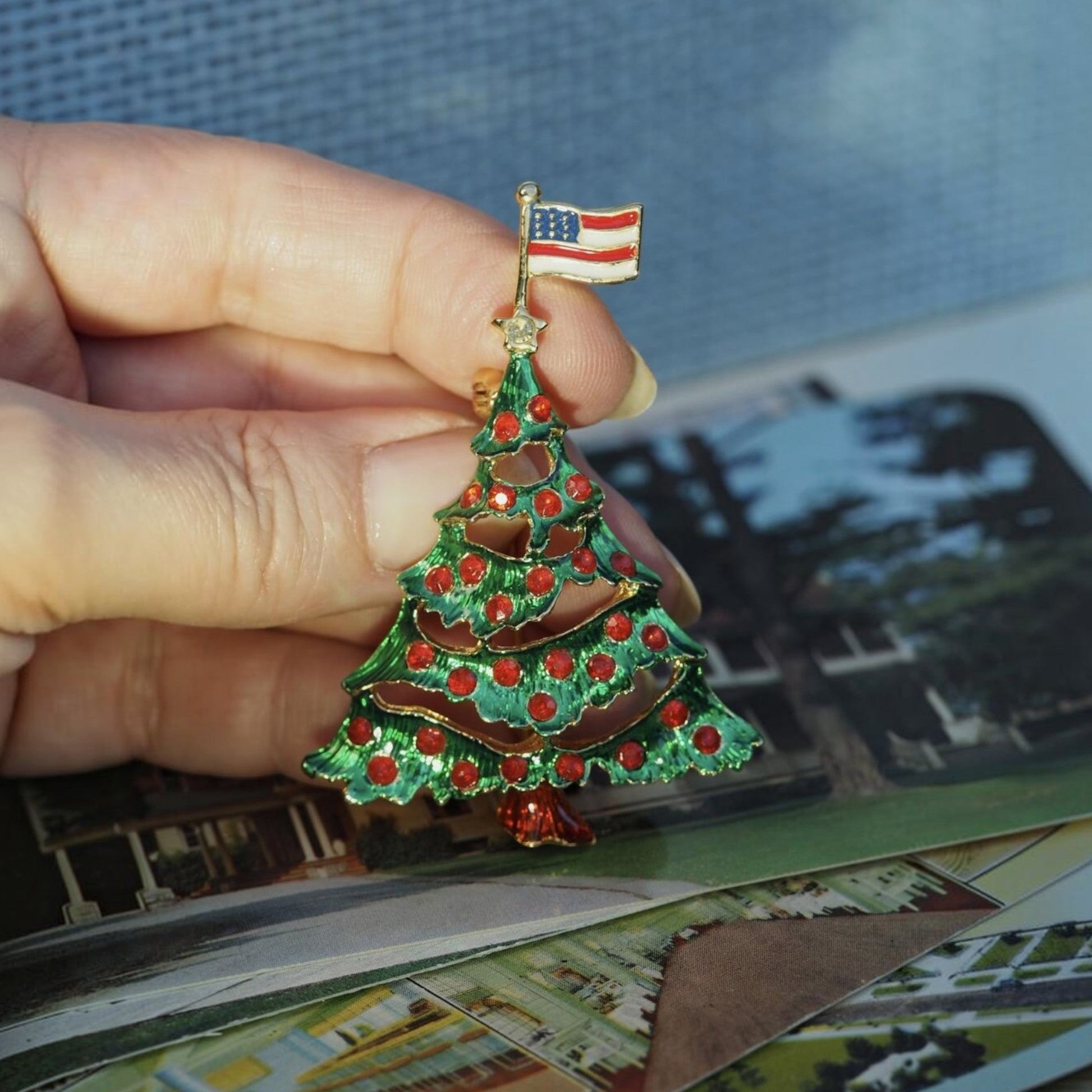 Vintage 1980s–1990s Patriotic Christmas Tree Brooch with American Flag Brooch - GlamGram NYC