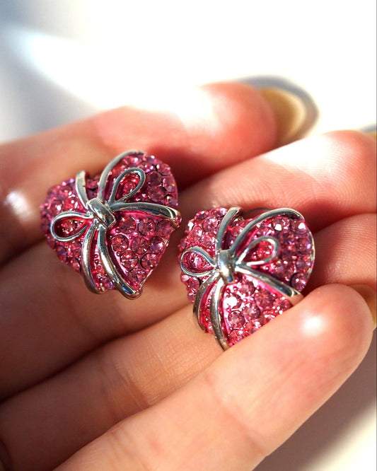 Vintage 1980s Pink Rhinestone Heart & Silver-Tone Bow Pierced Earrings Earrings (Pierced) - GlamGram NYC