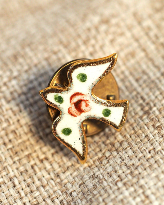 Vintage 1980s White Enamel Dove Tie Tack Pin Coral Rosette Brooch - GlamGram NYC