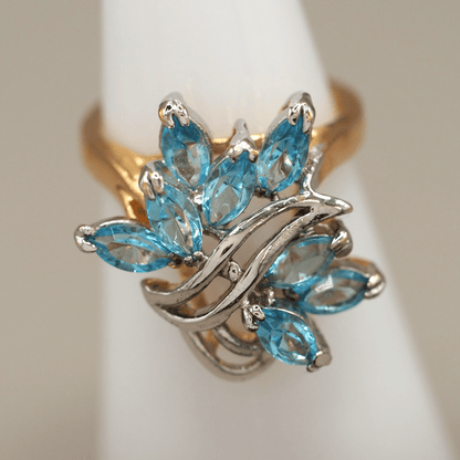 Vintage Aqua Marquise Crystal Spray Cocktail Ring Gold Tone Size 5 Ring - GlamGram NYC