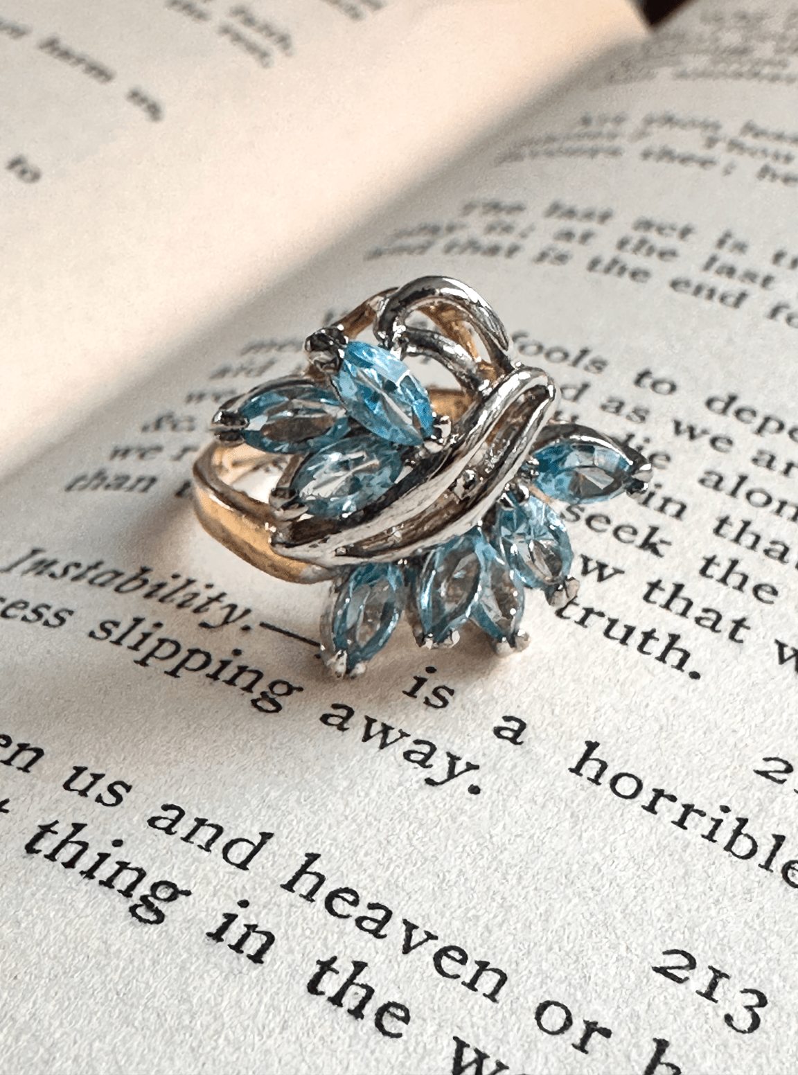 Vintage Aqua Marquise Crystal Spray Cocktail Ring Gold Tone Size 5 Ring - GlamGram NYC
