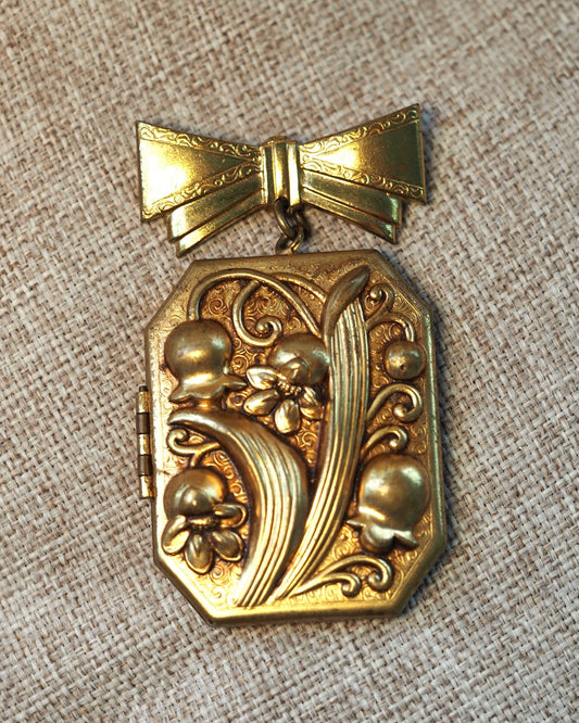 Vintage Art Nouveau-Style Gold-Tone Floral Locket Brooch with Bow Brooch - GlamGram NYC