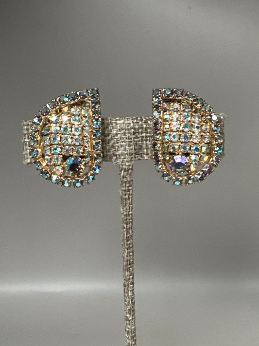 Vintage Aurora Borealis Rhinestone Clip Earrings Mid-Century Earrings (Clip) - GlamGram NYC