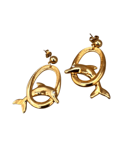Vintage Avon Dolphin Dangle Earrings, Gold-Tone Rhinestone Drops Earrings - GlamGram NYC