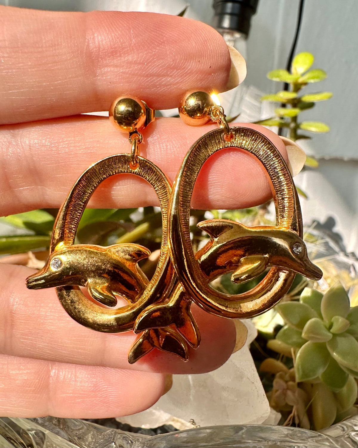 Vintage Avon Dolphin Dangle Earrings, Gold-Tone Rhinestone Drops Earrings - GlamGram NYC