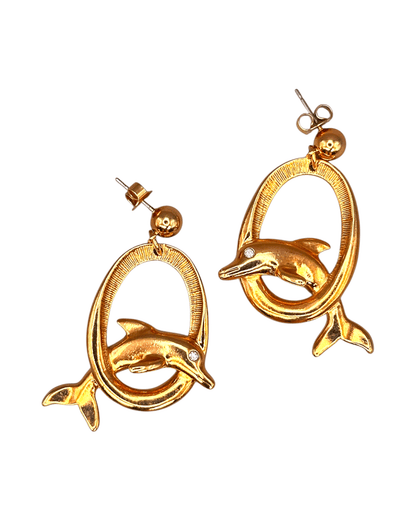 Vintage Avon Dolphin Dangle Earrings, Gold-Tone Rhinestone Drops Earrings - GlamGram NYC