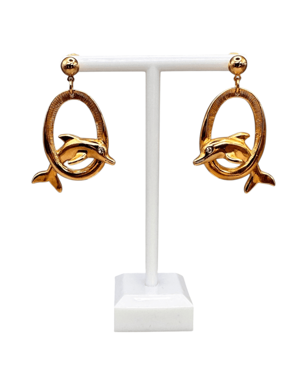 Vintage Avon Dolphin Dangle Earrings, Gold-Tone Rhinestone Drops Earrings - GlamGram NYC