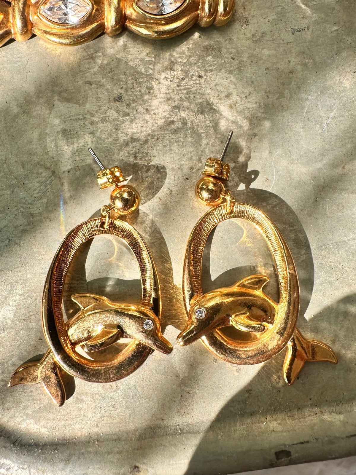 Vintage Avon Dolphin Dangle Earrings, Gold-Tone Rhinestone Drops Earrings - GlamGram NYC